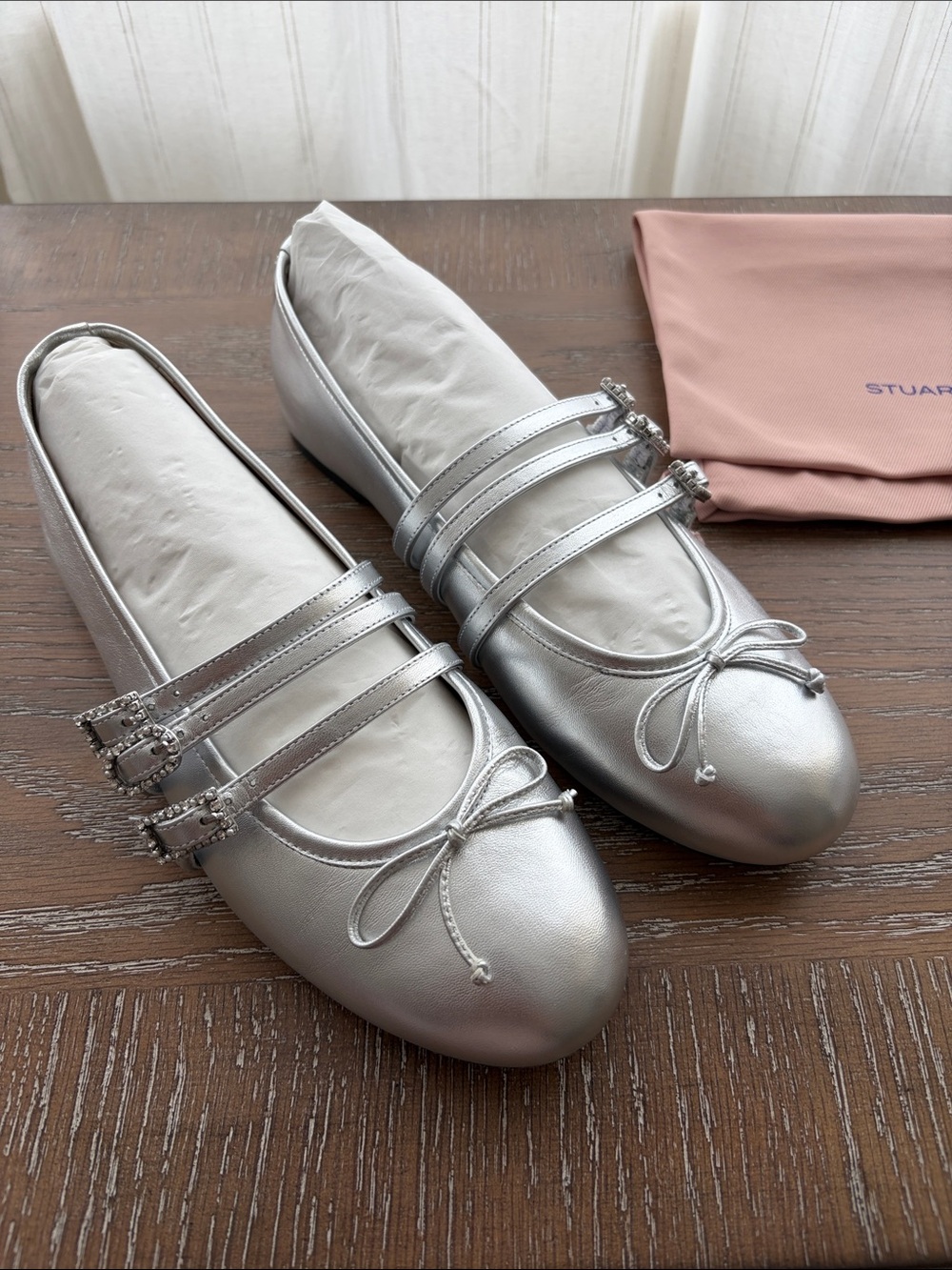Stuart Weitzman Silver Metallic Ballet Flats with Bow